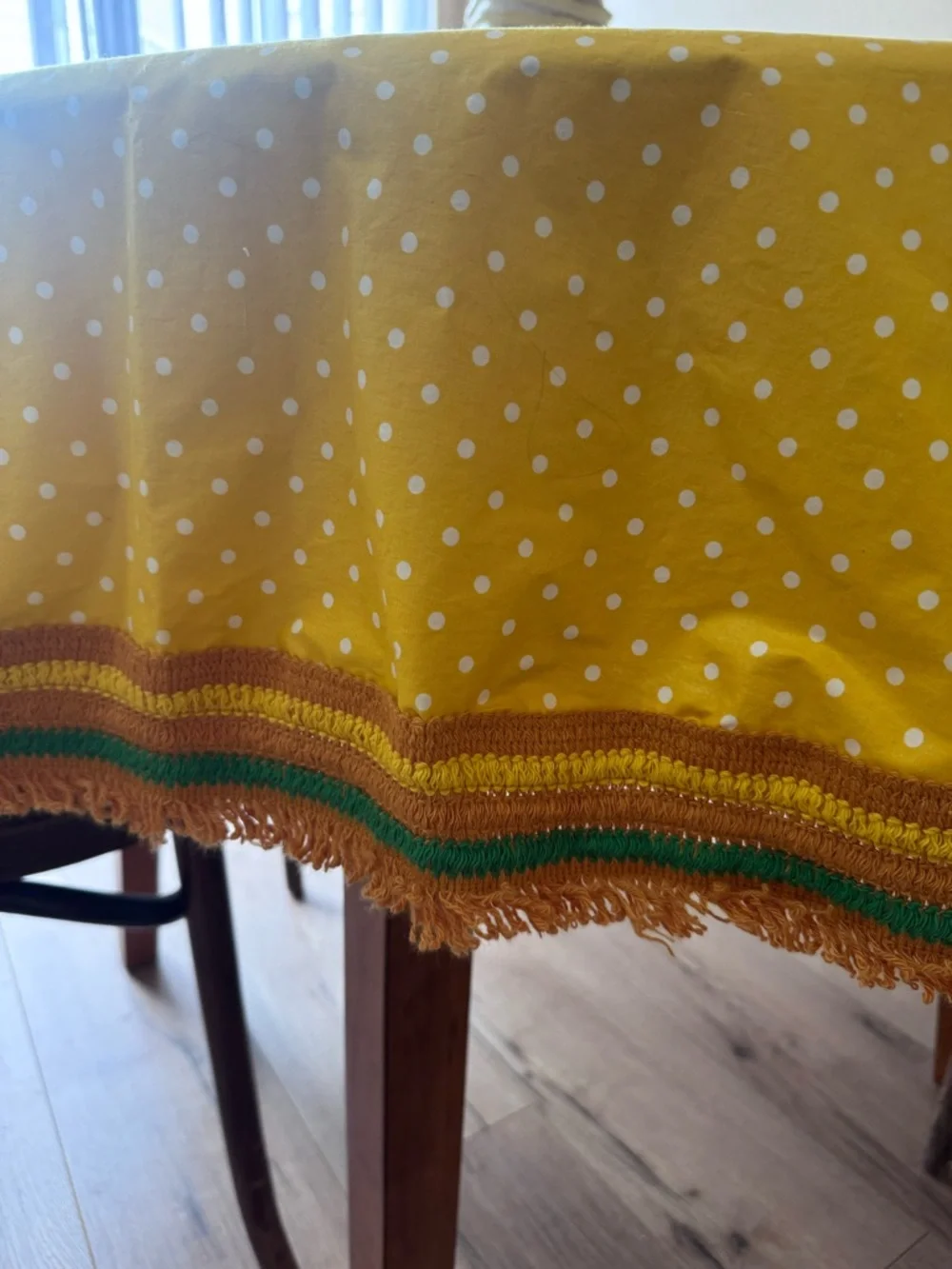 VTG 70s Round Tablecloth Mustard Yellow Avocado Green Fringe 69 inch polka dot